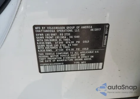 2018 Volkswagen Atlas Se z USA, uszkodzony, nr VIN 1V2PR2CA2JC520610